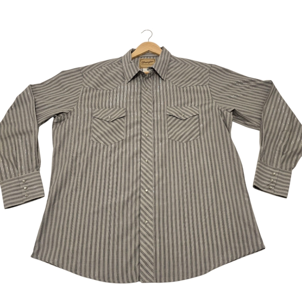 Wrangler Western Pearl Snap Long Sleeve Shirt, Gray/Silver Stripes, Mens Size XL